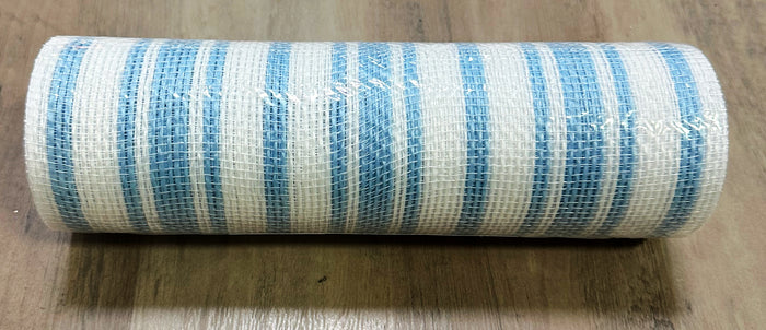 10" Light Blue & White Striped Deco Mesh
