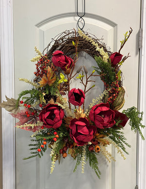 DIY Fall Burgundy Magnolia Grapevine Wreath