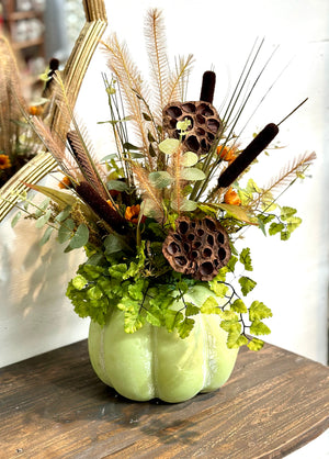 DIY Sage Green Pumpkin Arrangement