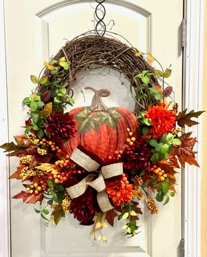 DIY Metal Pumpkin Grapevine Wreath