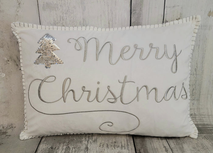 20" White & Silver Velvet Merry Christmas Pillow