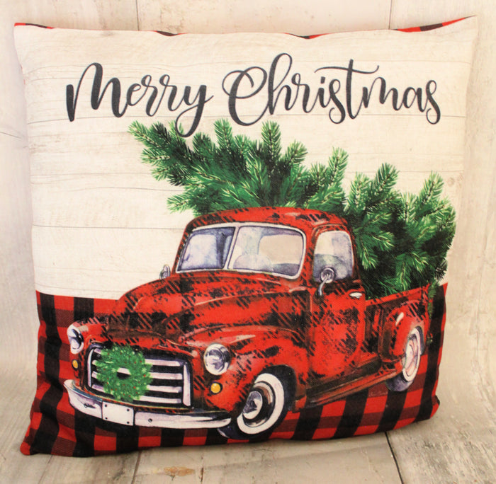 17" Red Farm Truck Christmas Pillow