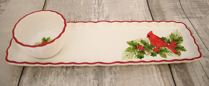 Ceramic Cardinal Holly Tray & Dip Bowl