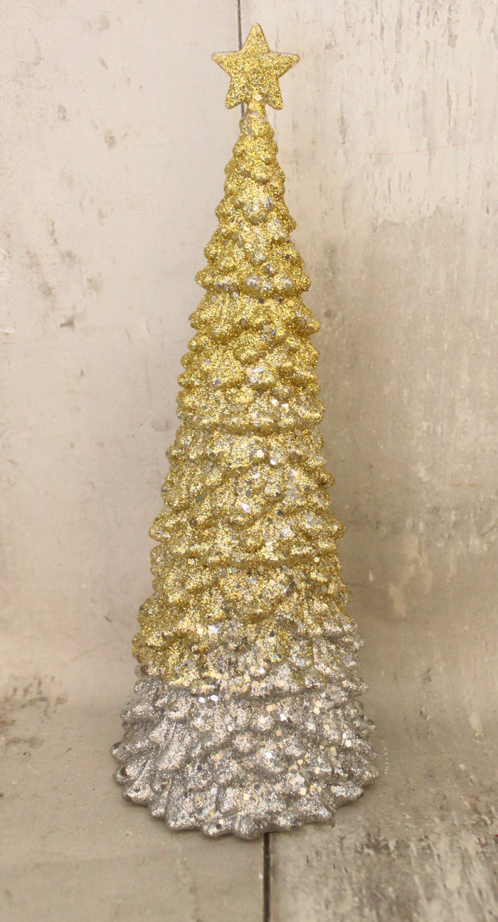 11" Gold & Silver Lighted Glitter Tree