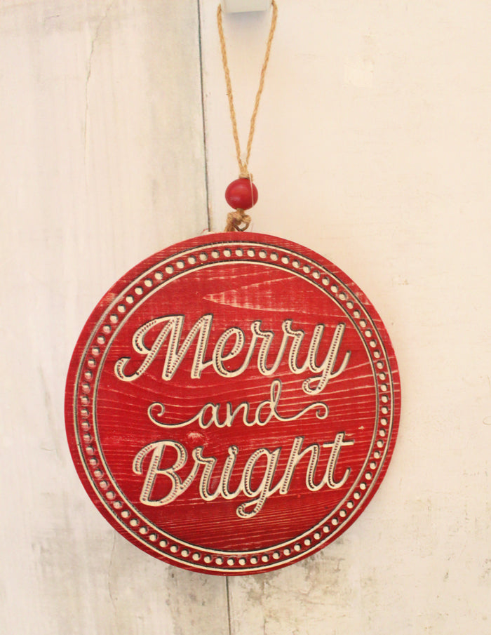 8" Merry & Bright Wood Hanging Sign