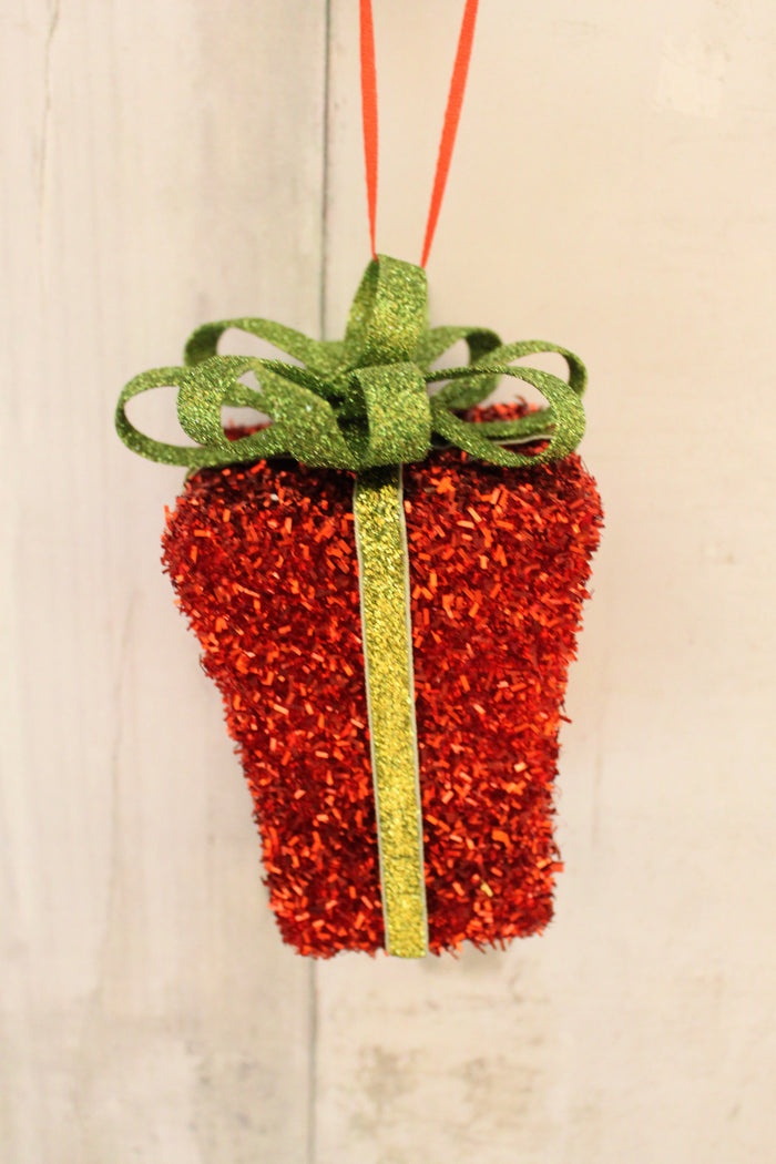 7" Red Tinsel Gift Box Ornament
