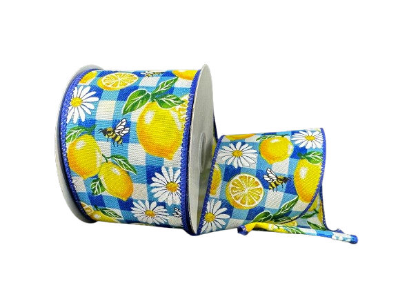 2.5" Lemon & Daisies Blue Plaid Ribbon