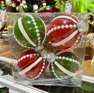 Red & Green Stripes and Dots Boxed Christmas Ornaments Set
