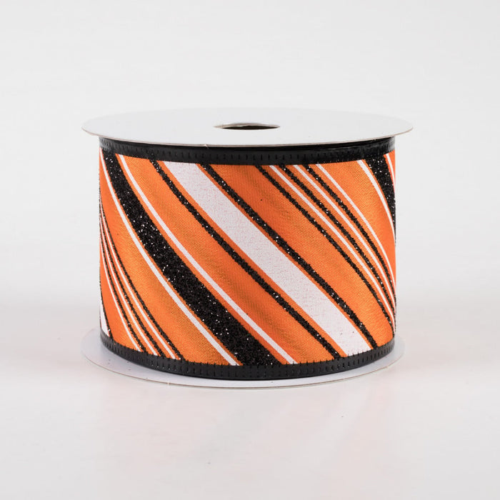 2.5" Orange, Black & White Diagonal Stripes Halloween Ribbon