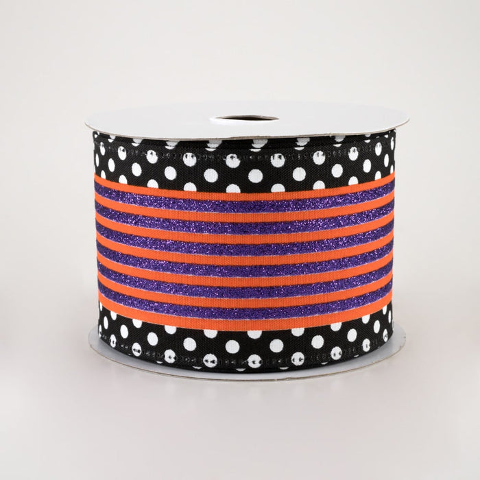 2.5" Orange & Purple Stripes with White Dots Halloween Ribbon