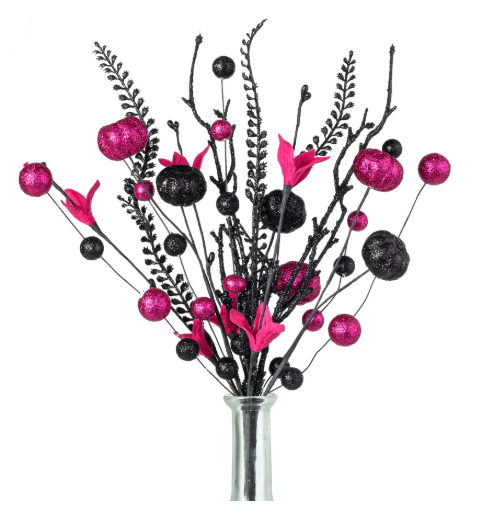 17" Hot Pink & Black Glitter Pumpkin Ball Pick