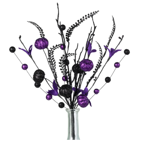 17" Purple & Black Glitter Pumpkin Ball Pick