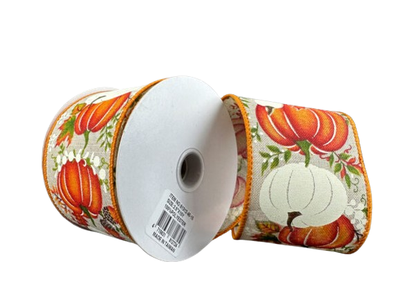 2.5" Orange & White Pumpkins Fall Ribbon