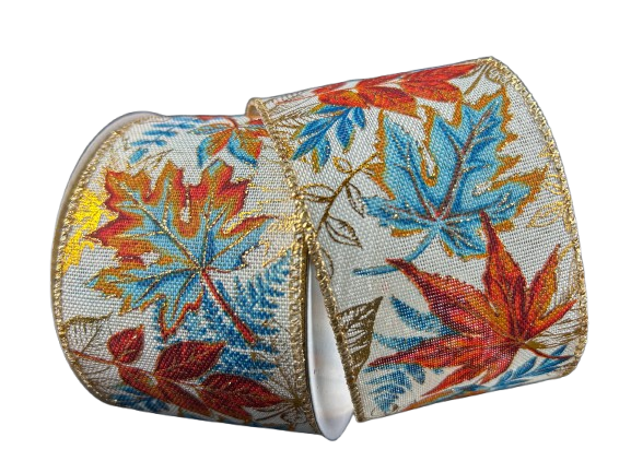 2.5" Rust & Blue Fall Leaves Ribbon