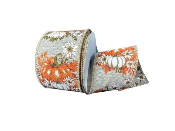 2.5" Orange & White Pumpkins Natural Ribbon