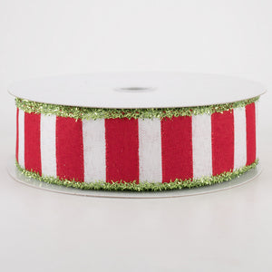 1.5" Red & White Stripes with Lime Tinsel Edge Christmas Ribbon