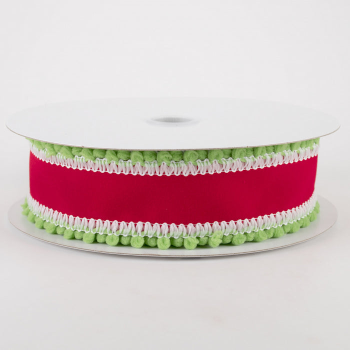 1.5" Red Velvet & Lime Ball Trim Christmas Ribbon