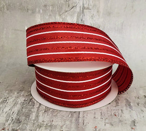 1.5" Thin Red & White Glitter Stripes Christmas Ribbon
