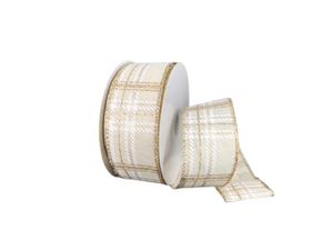 1.5" Ivory & Champagne Plaid Christmas Ribbon