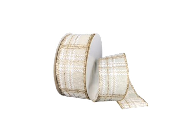 1.5" Ivory & Champagne Plaid Christmas Ribbon