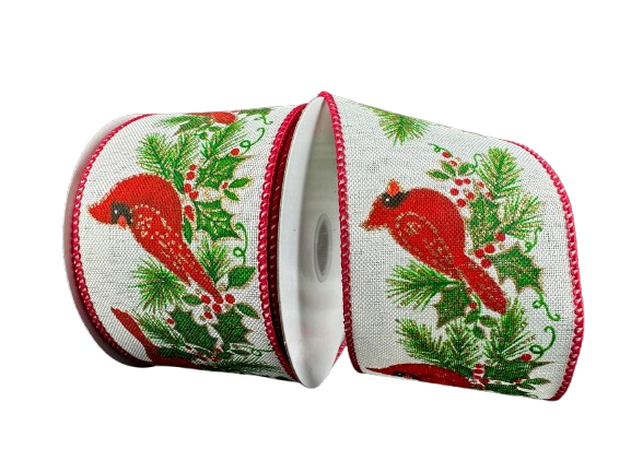 2.5" Glitter Cardinals & Holly Ribbon