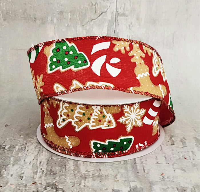 1.5" Red Gingerbread & Cookie Christmas Ribbon