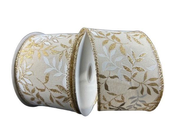 2.5" White & Gold Branches Ribbon