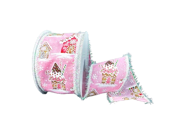 2.5" Pink Gingerbread House Christmas Ribbon