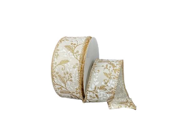 1.5" White & Gold Vines and Berries Ribbon