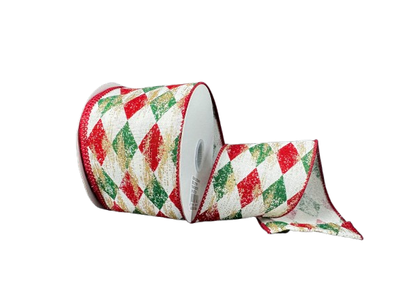 2.5" Emerald Green & Red Harlequin Ribbon