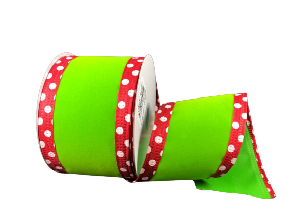 2.5" Lime Velvet & White Polka Dot Trim Ribbon