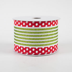 2.5" Lime & White Stripes with Polka Dot Edge Christmas Ribbon