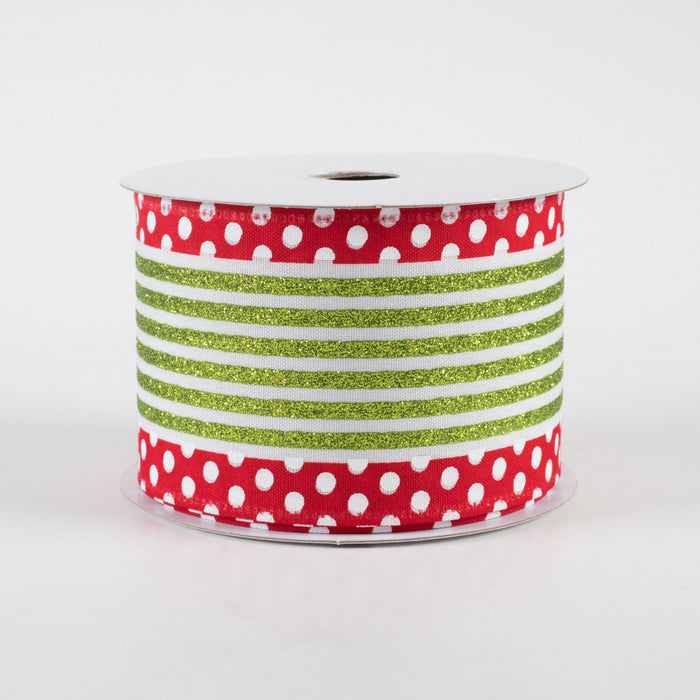 2.5" Lime & White Stripes with Polka Dot Edge Christmas Ribbon