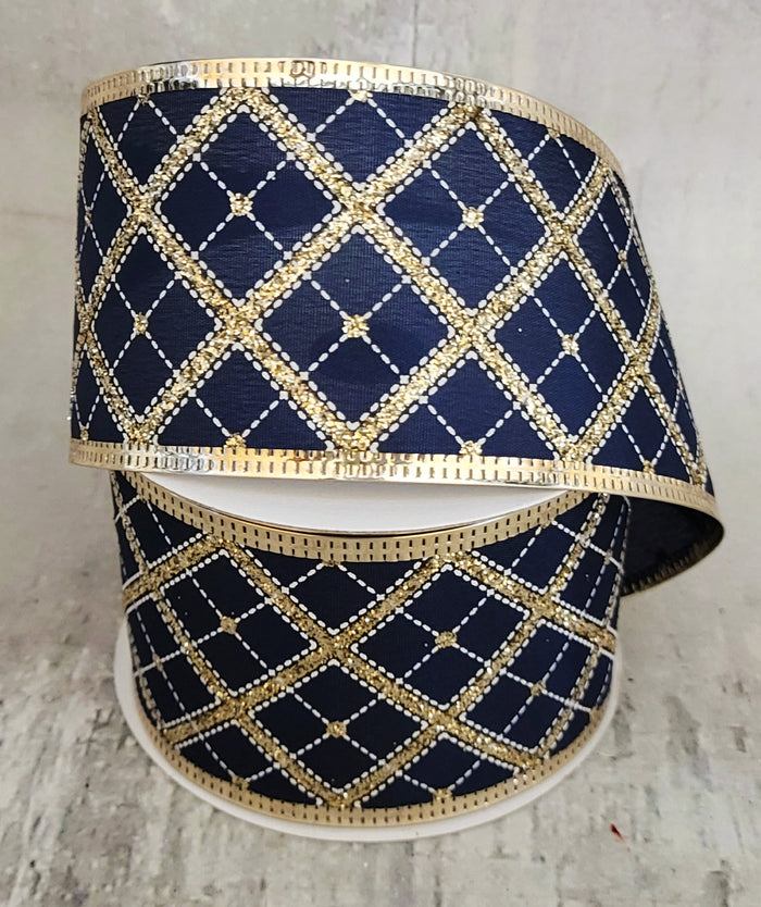 2.5" Navy Blue & Gold Diamond Christmas Ribbon