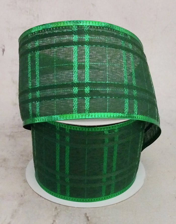 2.5" Emerald Green Glitter Metallic Plaid Christmas Ribbon