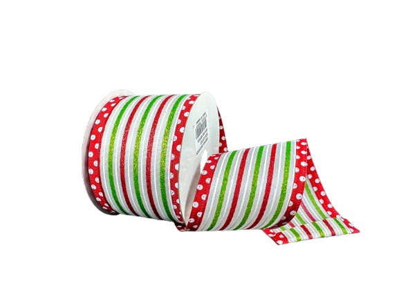 2.5" Lime Green & Red Striped Christmas Ribbon
