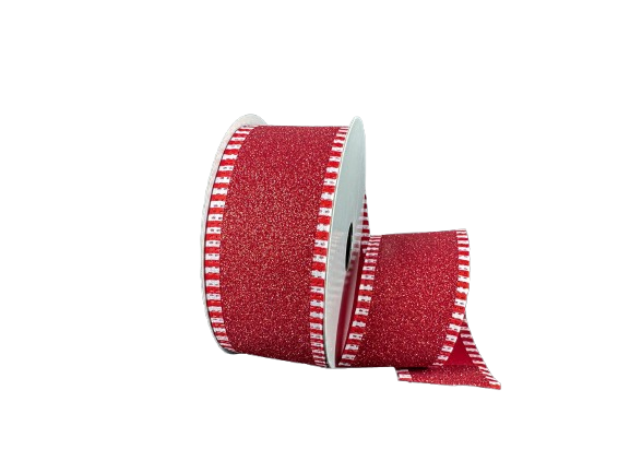 1.5" Red Glitter Ribbon with Dashed Edge