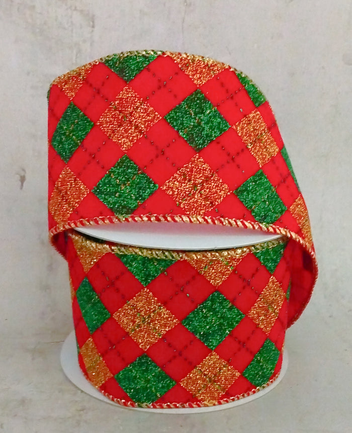2.5" Emerald & Gold Argyle Christmas Ribbon