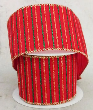 2.5" Red Velvet with Emerald & Gold Glitter Stripes Ribbon