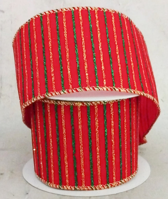 2.5" Red Velvet with Emerald & Gold Glitter Stripes Ribbon