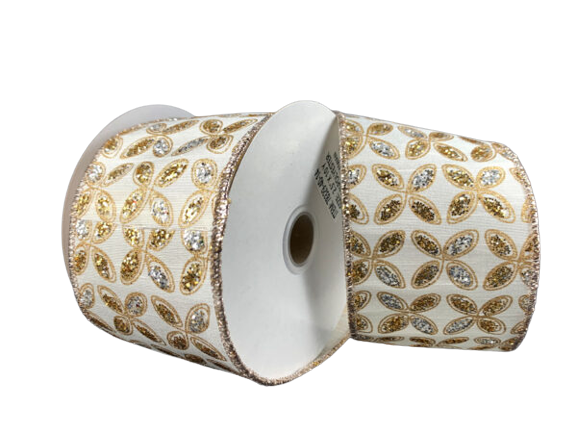 2.5" Gold & Silver Petal Ivory Christmas Ribbon