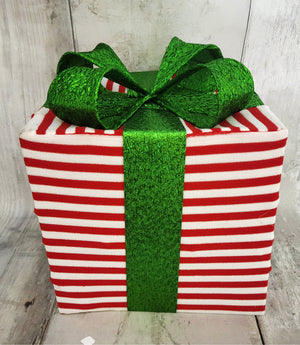 10" Red & White Striped Lighted Gift Box