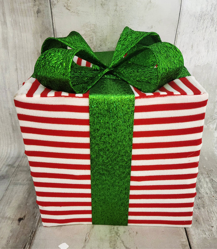 10" Red & White Striped Lighted Gift Box