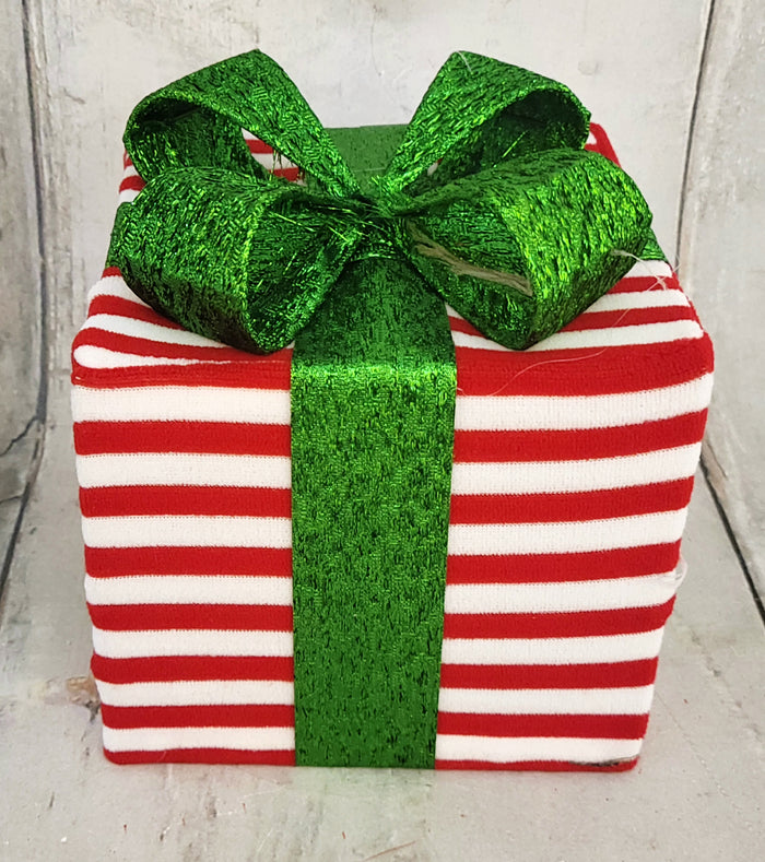 8" Red & White Striped Lighted Gift Box