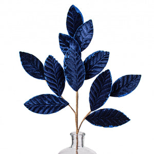 25" Navy Blue Velvet Magnolia Leaves Spray