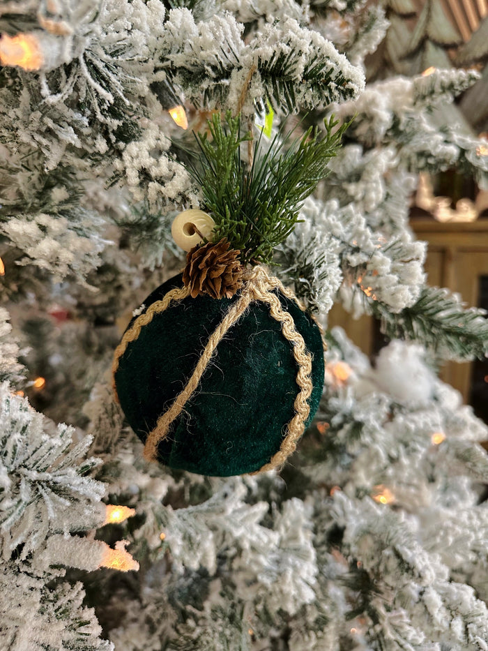 4" Hunter Green Velvet & Jute Ball Ornament