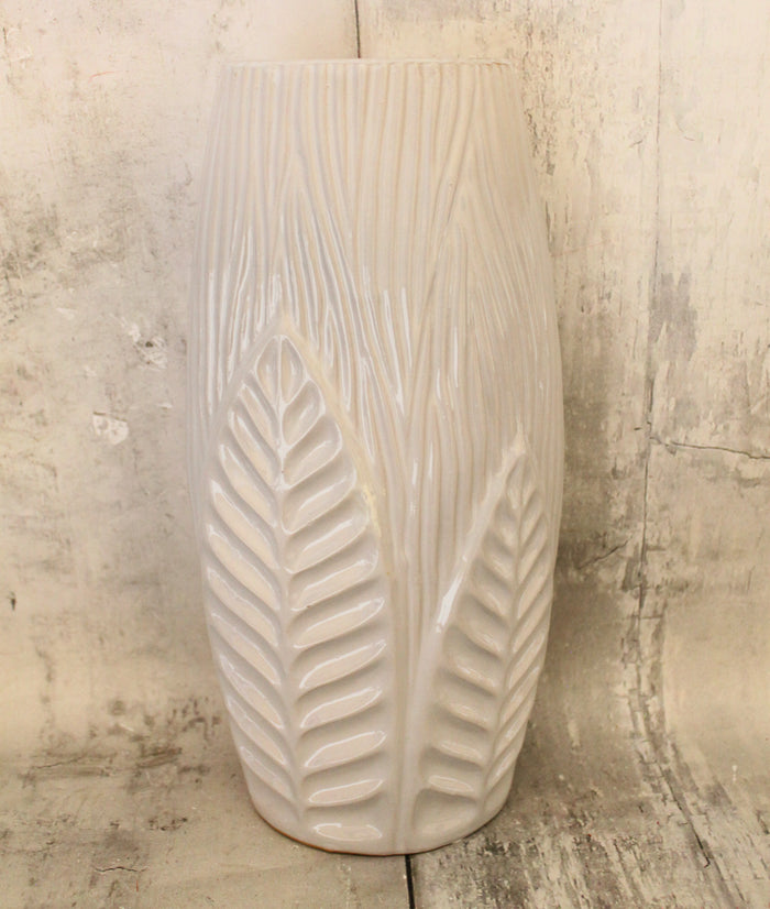 14" Decorative White Palm Vase