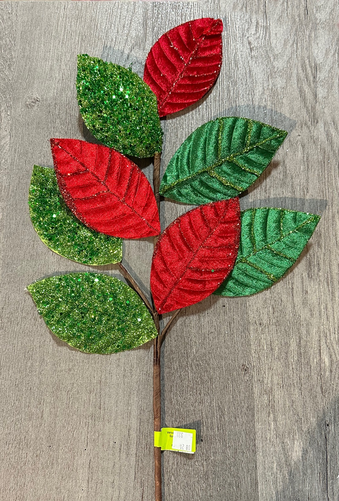 27" Red & Emerald Velvet Sequin Leaves Spray