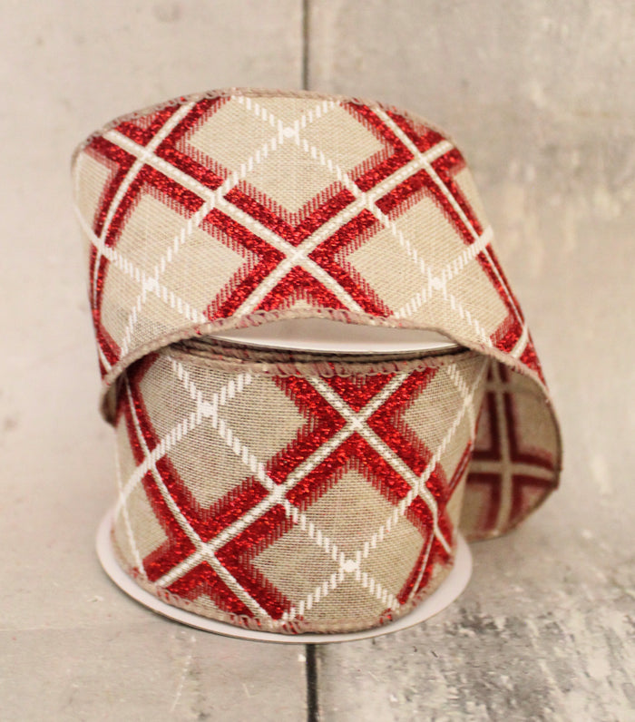 2.5" Red & White Diagonal Plaid Christmas Ribbon