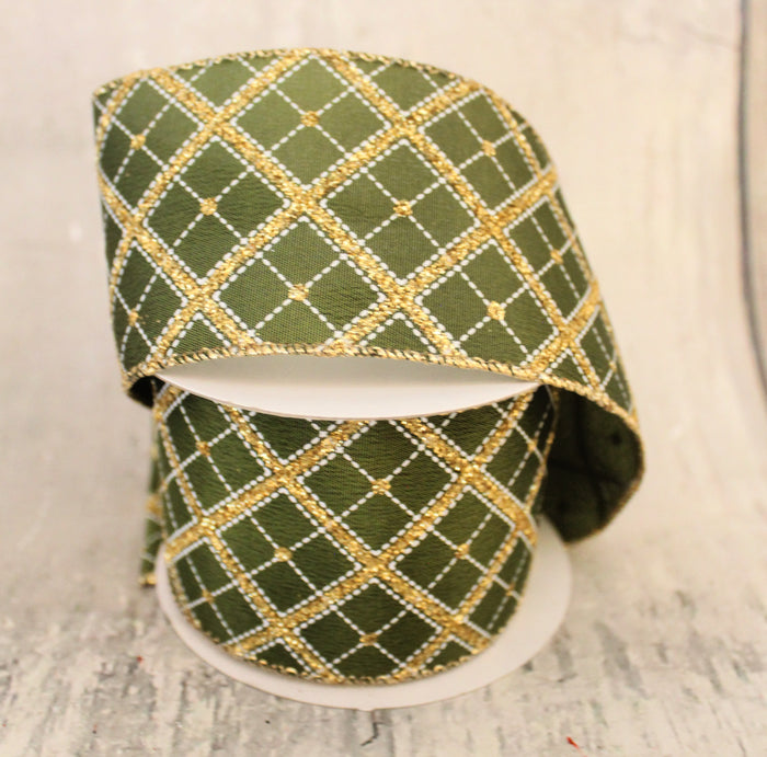 2.5" Moss Green & Gold Diagonal Plaid Ribbon